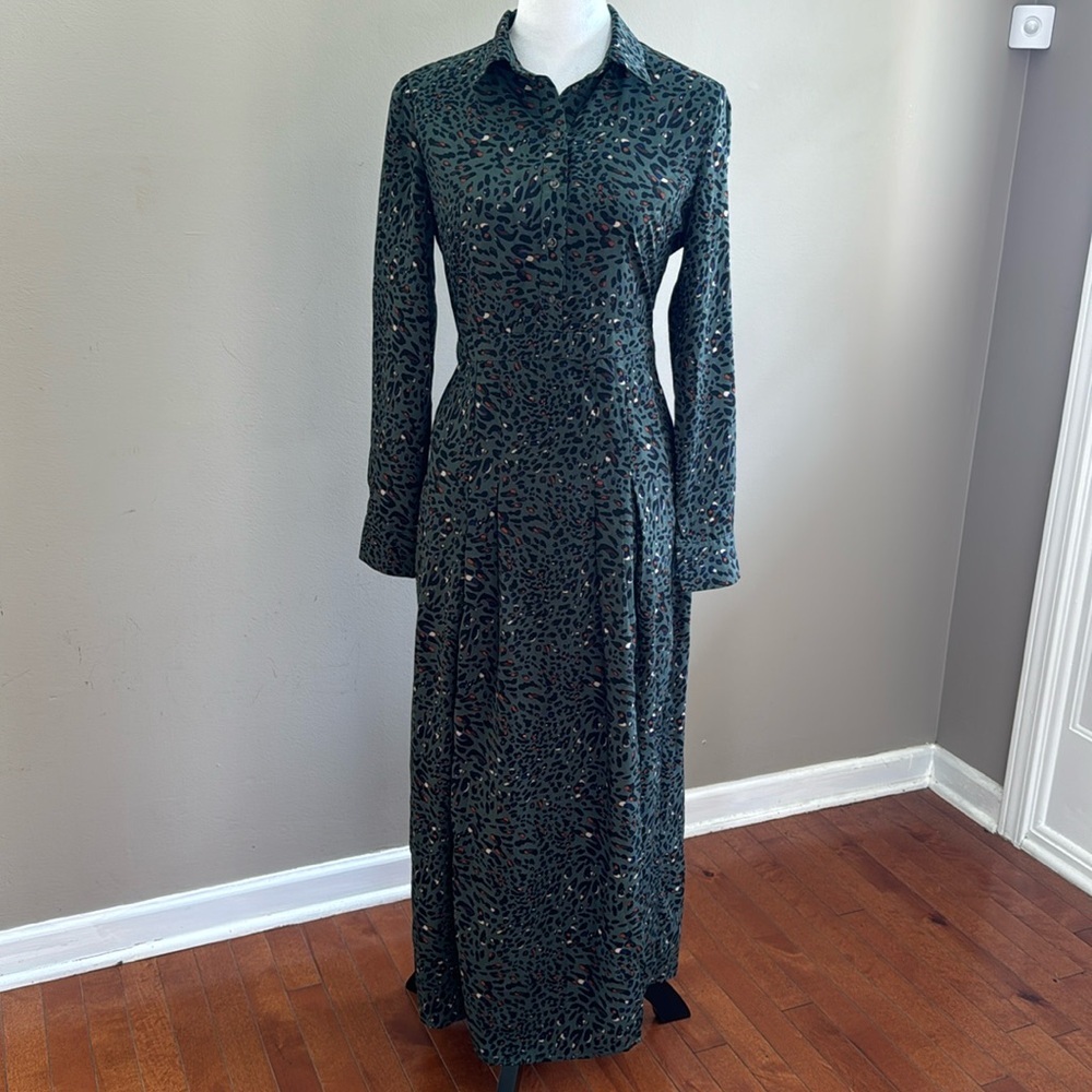 Everly Olive Green Front Button Slit Casual Long Sleeve Maxi Dress Size S